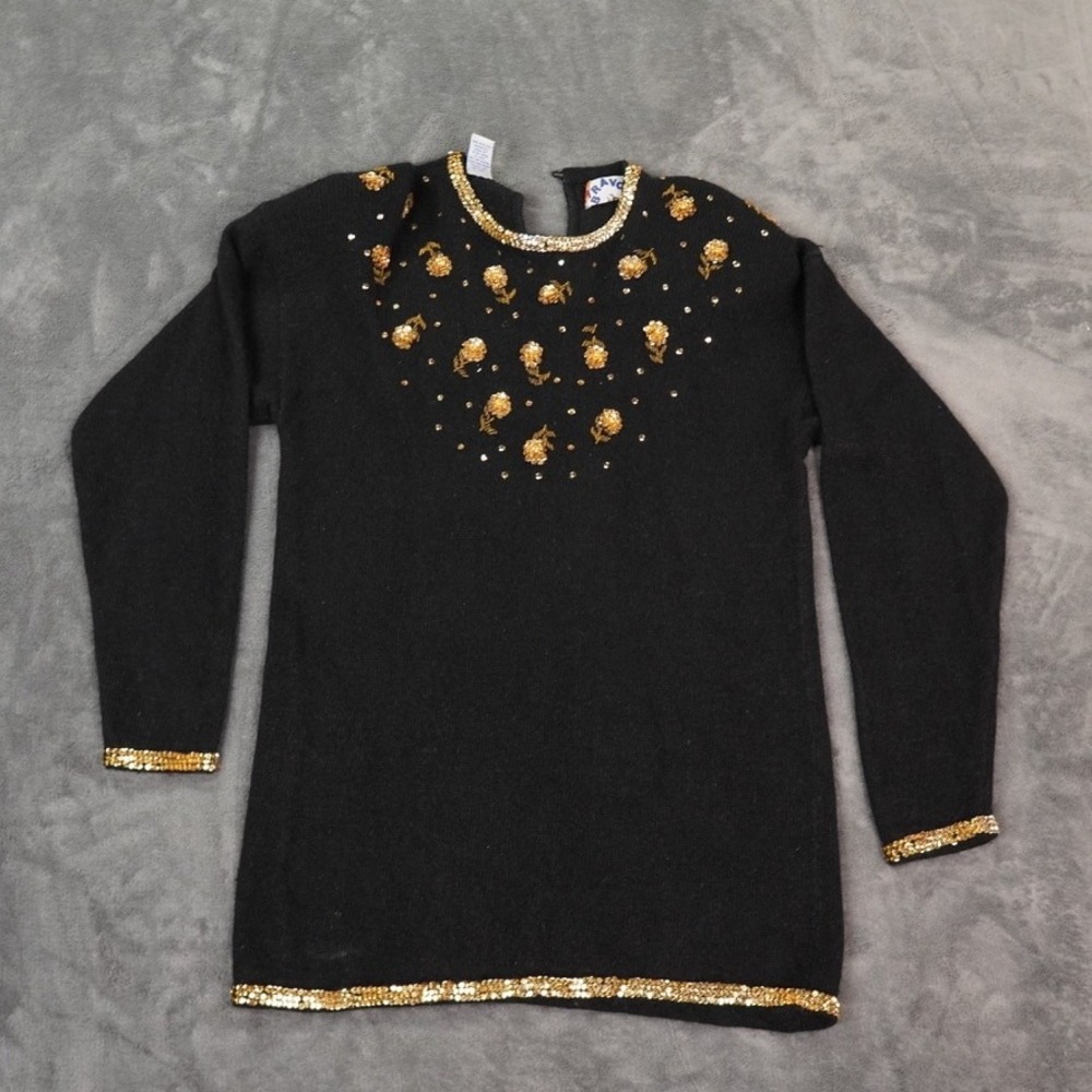 Bravo Sweater Womens‎ Medium Black Gold Floral Sequin Beaded Pullover Party Top